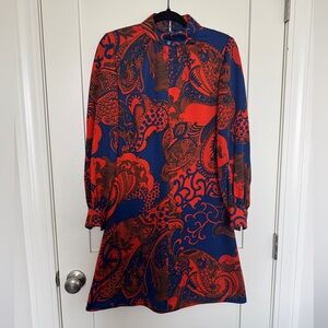 Vintage 70s Blue and Orange floral paisley mini dress